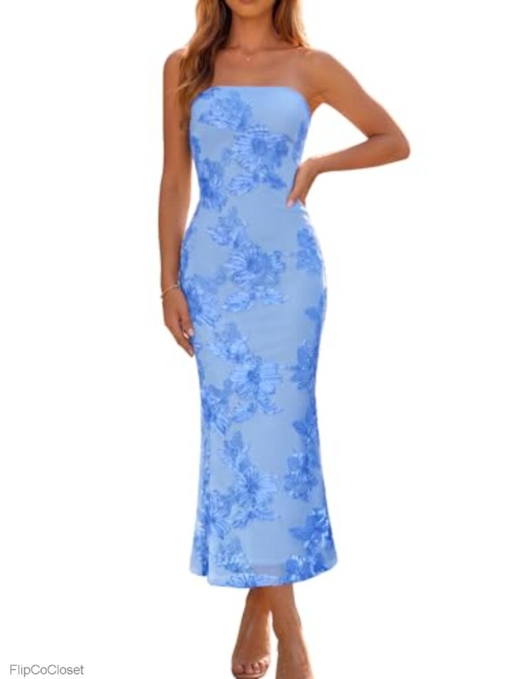 Strapless Bodycon Floral Mesh Maxi Dress Wedding Guest